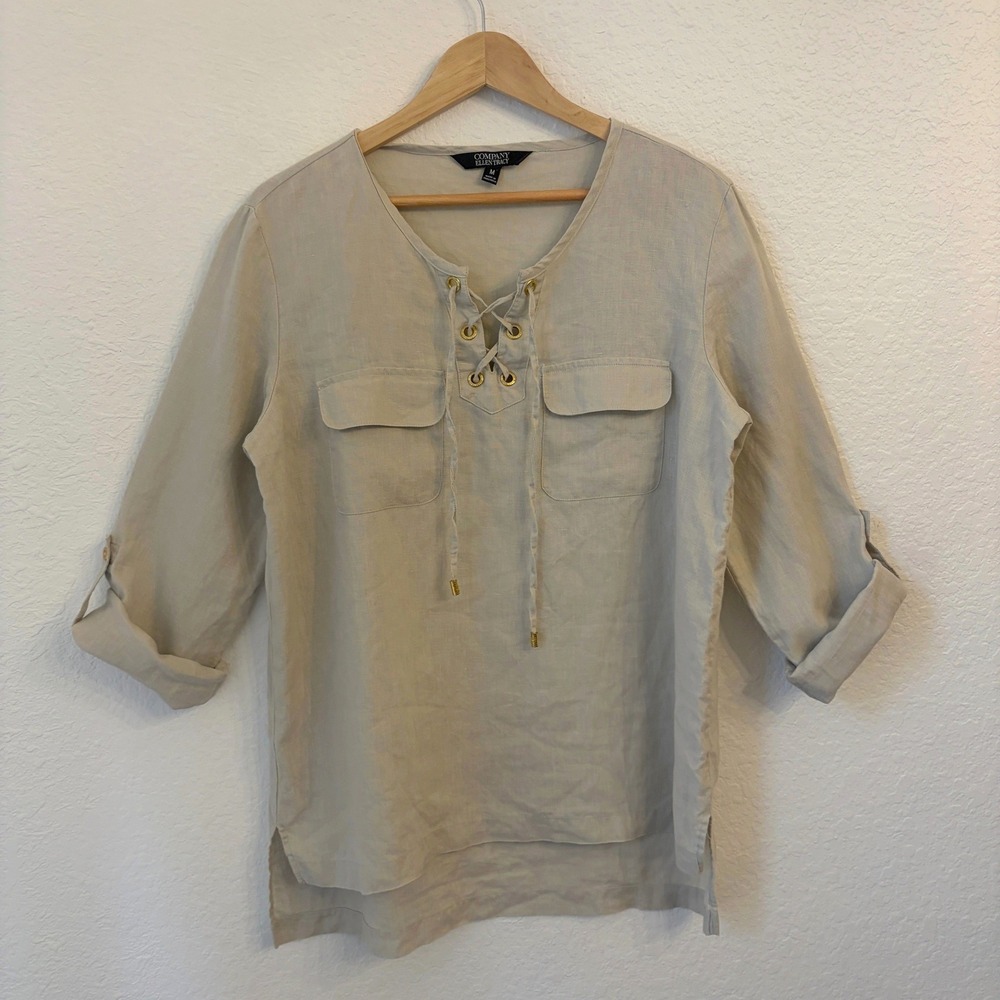 Company Ellen Tracy Linen Tunic Top Women M Coastal Safari Roll Tab Sleeve Beach